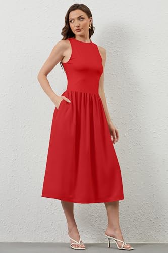 Image of TERIVEEK Women Summer Sleeveless Midi Dress Casual High Neck Patchwork Tank Sundress Flowy Boho A Line Dress with Pockets Red