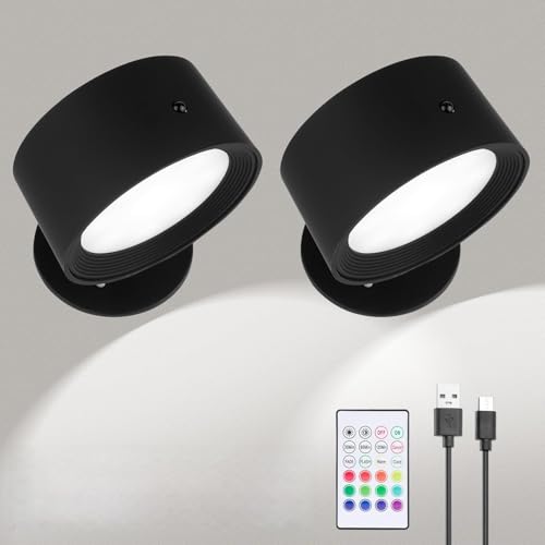 Image of Rechargeable Wall Lights,2PCS Led Wall Lights With Remot Control 6-Level Brightness, 2 Colour Temperatures & 12 RGB Modes, 360° Rotation Battery Operated Wall Lamp For Living Room Bedroom Reading