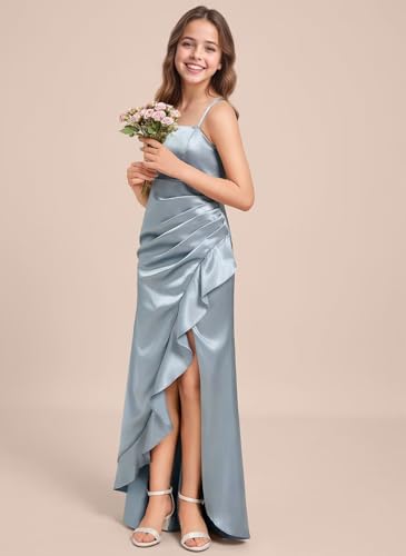 dideyttawl Sheath Junior Bridesmaid Dress with Slit Square Neck Stretch Satin Ruffles Flower Girl Dress 25212