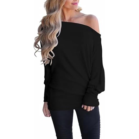 Lacozy Womens Off Shoulder Tops Casual Oversized Long Sleeve Knit Pullover Sweater Tunic Shirt Black S Cover