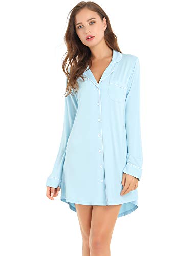 Amorbella Joyaria Joyaria Womens Button Down Nightshirt Long Sleeve Sleep Shirt Viscose Pajama Top Nightgown (Light Blue, Large)