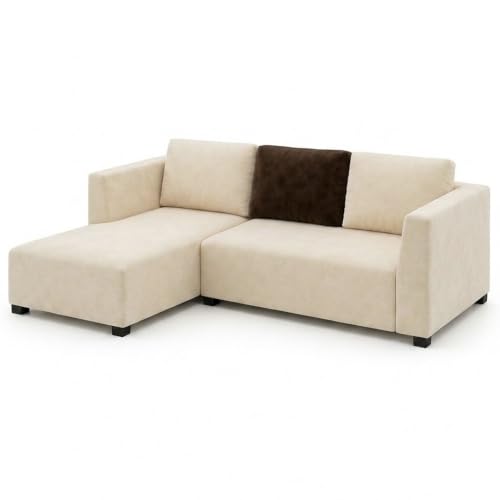 Image of FURNY Olympus 4 Seater LHS L Shape Sofa Set | Plush Velvet Suede Fabric | Modern Design | Soft Comfort Dual Color Cushions for Living Room, Office & Hotels (Cream-Dark Brown)