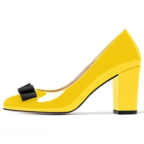 WAYDERNS Women's Patent Bow Decorated Round Toe Slip On Block High Heel Pumps Shoes 3.5 Inch2