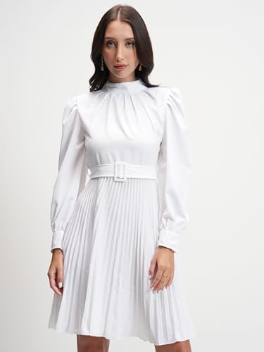 Image of Tokyo Talkies Women's Elegant A-Line Dress with Belt & Pleated Dress- Sophisticated Full-Sleeve Style for Any Occasion