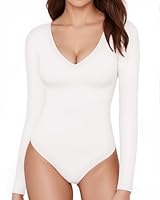 ALGALAROUND Langarm Body Damen V-ausschnitt Langarmbody Langarmshirt Tops für Damen Oberteile Elegant Sexy Pullover Bodysuit Oben Weiß M