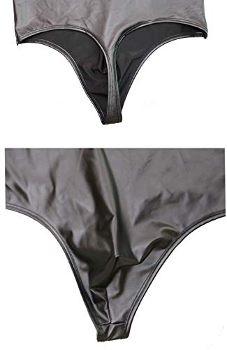 Namcyanly Black Leather Wrestling Singlet for Men Bulge Pouch Mankini One Piece Leathery Lingerie Bodysuit4