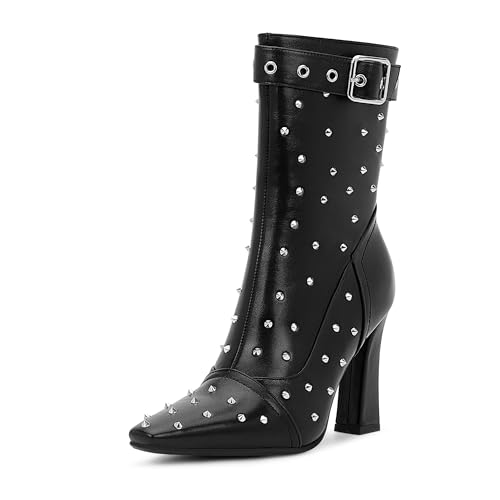 Women's Punk Rivet High Heel Square Toe Ankle Boots Buckle Strap Sexy Booties