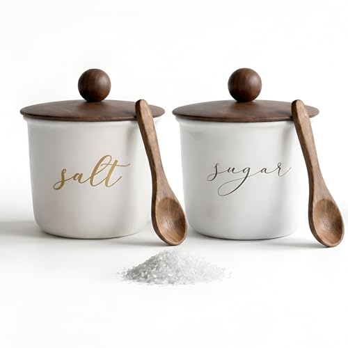 Image of Sugar and Salt Storage Canister Set of 2, White Metal, Airtight Acacia Wood Lid, 800ml, with Wooden Spoon, Food Safe Kitchen Storage Container /Jar