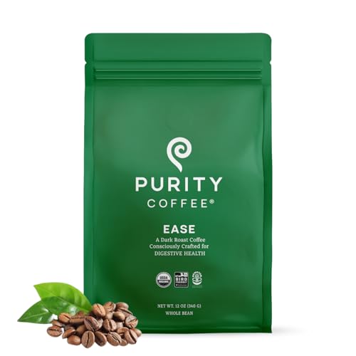 Purity Coffee EASE Low Acid Dark Roast Whole Bean (12oz Bag) | Specialty-Grade USDA Organic Arabica Blend | Third Party Tested for Mold, Mycotoxins & Pesticides