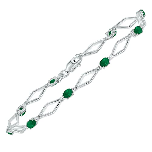 Emerald And Natural Diamond Star Link Bracelet In .925 Sterling Silver #TOP6