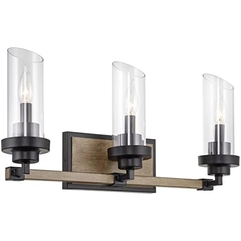 Kira Home Sierra 22" 3-Light Farmhouse Vanity/Bathroom Light + Cylinder Glass Shades, Smoked Birch Wood Style + Black Finish Cover