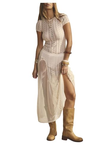 Milumia Women's Sexy See Through Lace Long Dress Short Sleeve A Line Sheer Summer Dresses