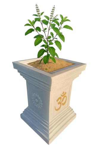 NEER Big Size Rotomolded Tulsi Vrindavan Polymer Pot – 20x15 Inch Rectangular Grey Stone Marble Look Pot for Tulsi Plant, Indoor & Outdoor (Greystone-Swastik, Large)