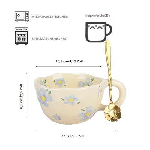 Keramik Teetasse, Geschenke für Frauen, Kawaii Kaffeetasse Handgemachte Kreative Blume becher mit Löffel, Ästhetische Tassen für Milch 250ml Cappuccinotassen Weihnachten Geschenk (Blau) – Bild 3