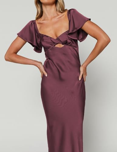 Image of Summer Satin Flutter Sleeve Wedding Guest Dresses for Women Sweetheart Neckline Cutout Tie Back Midi Cocktail Dress