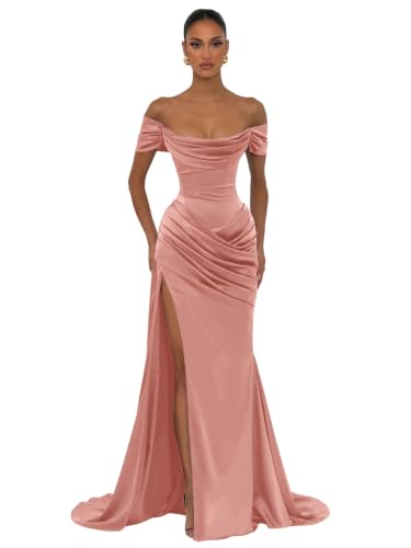 Sxvviae Off the Shoulder Bridesmaid Dress for Women Satin Mermaid Evening Dresses Corset Formal Ball Gown Dusty Rose US6