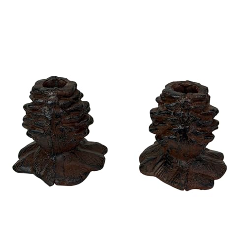 Pine Cone Taper Candle Holders Set of 2, Brown Cast Iron, 3.5 Inch