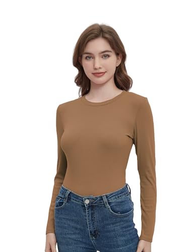 Women Long Sleeve Ribbed Knit Fitted Slim Fit Solid Color T-Shirt Cute Top Crew Neck Basic Shirts (Medium,Khaki)