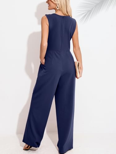 CUPSHE Damen Jumpsuit Rundhals Ärmellos Overall Plissee Weite Beine Playsuit mit Taschen Elegant Hosenanzug