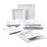 MALACASA Square White Dinner Sets, 12 Pieces Porcelain Plates and Bowls Sets, Dinner Plates, Salad...