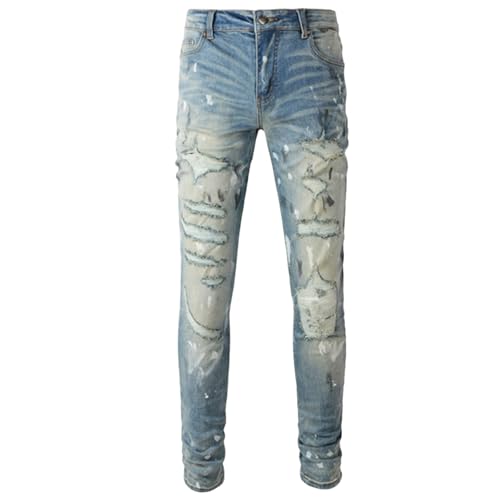 Jeans Pants Trouser Denim Men Worn Hole Trendy Street Personality Paint Graffiti Sanding Fading Washed Blue Elastic Tight Slim Fit Casual Small Leg(Light Blue,33)