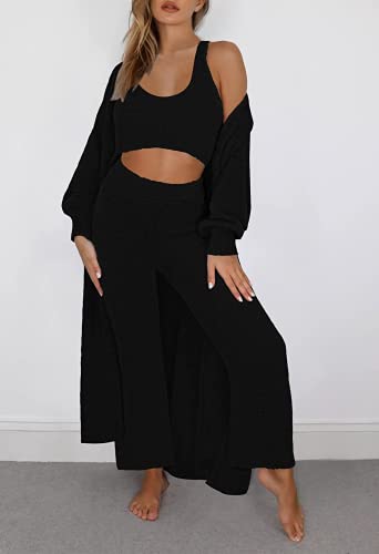 Image of Fixmatti Women's Fuzzy 3 Piece Sweatsuit Open Front Cardigan Crop Tank Tops Wide Legs Pants Lounge Sets