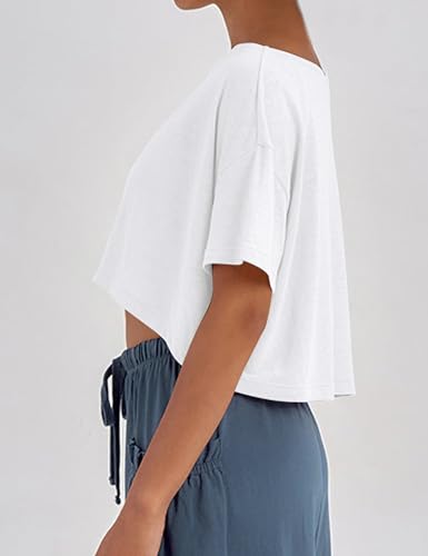 MISSACTIVER Oversized Off The Shoulder Top for Women Short Sleeve Boat Neck Crop Tee Loose Summer Workout Shirt3