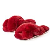 AyFUN Womens Cross Band Cozy Plush Home Slippers Fluffy Furry Open Toe House Shoes Indoor Outdoor Slide Slipper Red US9-10