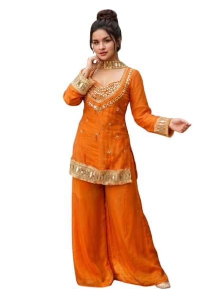 Beige Color Embroidered Mirror Work Salwar Suit with Dupatta-image-41