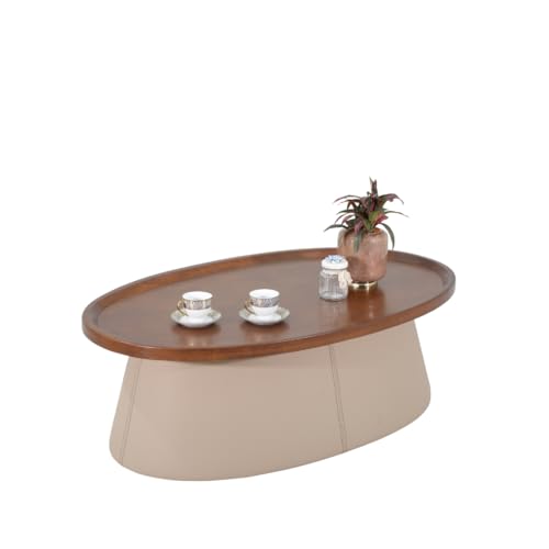 Image of Royaloak Pearl Wooden Coffee Table | Elegant Wooden Centre Table with Walnut Finish & Wooden Rim Top | Leatherette Upholstered Base with Stitch Detailing, Stable Design & Durable Construction