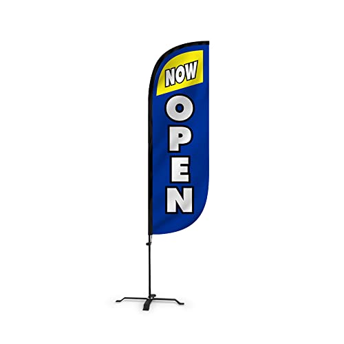 Image of LookOurWay Feather Flag Set - 5ft Tall Advertising Banner Flag with Pole Kit and X-Stand for Business Promotion - Now Open Blue /Yellow
