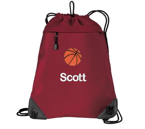 Personalized Basketball Cinch Pack, Sports Drawstring Backpack, Monogrammed Name, Coach Gift, Chili Red
