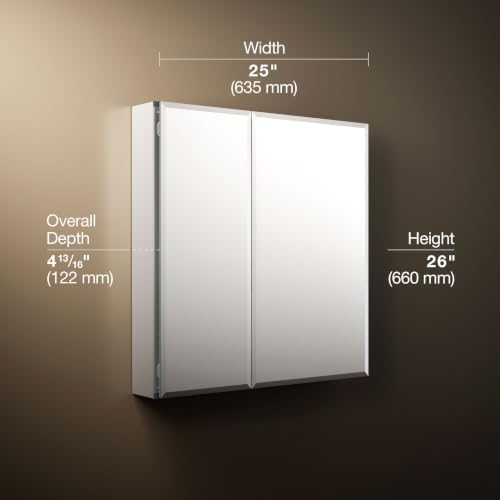 Image of Kohler CB-CLC2526FS Bathroom Medicine Cabinet with Mirror, Beveled Mirror Doors, Adjustable Shelves, Rectangular Beveled Edge, 25 in. W x 26 in. H