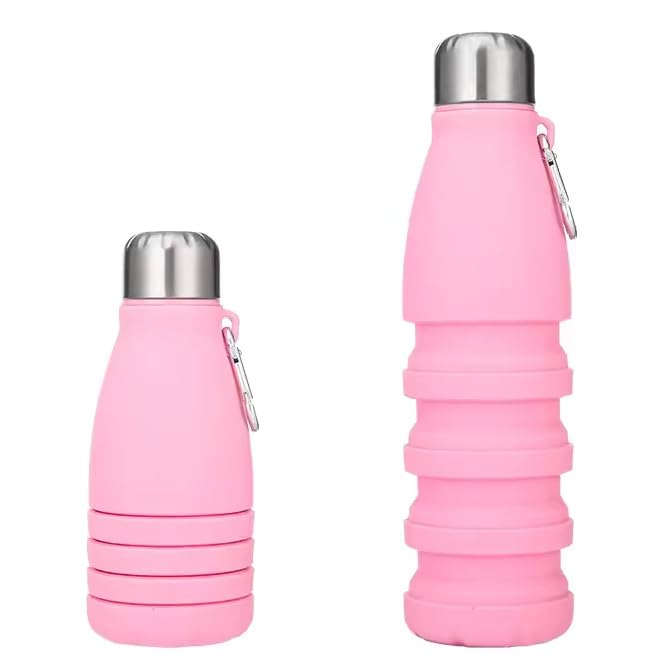 Image of ZENOVIA Collapsible Silicone Water Bottle with Clip | Foldable Leakproof BPA-Free Travel Water Bottle | Portable Reusable Drinking Bottle for Gym, Hiking, Camping, Office & Kids | Pink Pack of 1