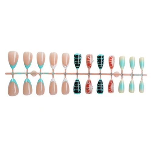 Image of French Tip Press on Nails Green Ombre Fake Nails Short Almond False Nail with Rhinestone Design Alligator Print Glue on Nails Acrylic Glossy Full Cover Stick on Nail for Women Manicure 24Pcs