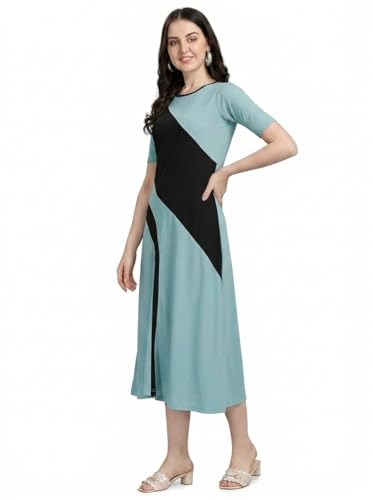 Image of LONDON BELLY Women's Poly Cotton Maxi Dress with Round Neck Half Sleeves Striped Pattern Calf Length Regulat Fit and Flare | Elegant Fit and Flare Western Dress | Women Stylish Cotton Maxi Dress