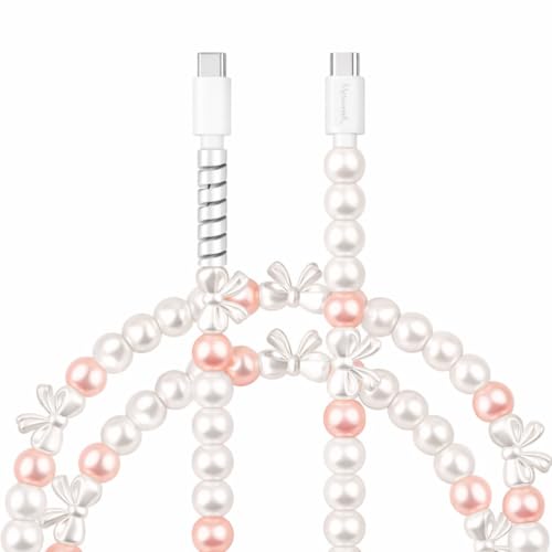 MyfavoriteK Beaded Pearl Phone Charger Cord with Bowknot USB C to USB C Multi Fast Charger Cable 3FT Smartphones (Pink)