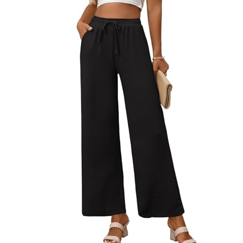 Women's Wide Leg Pants Adjustable Tie Knot Elastic Waist Palazzo Pants High Waist Loose Flowy Trousers with Pockets
