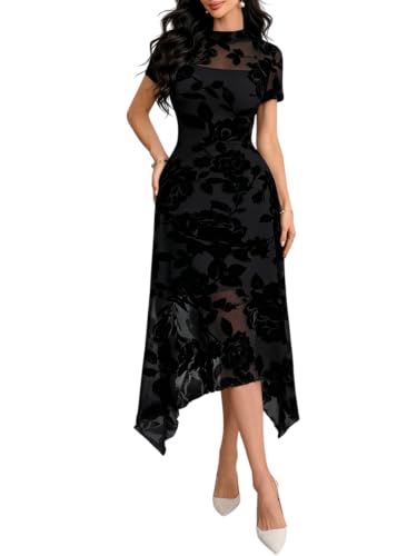 Image of GothDark Women Summer Wedding Guest Floral Mesh Irregular Hem Midi Dress