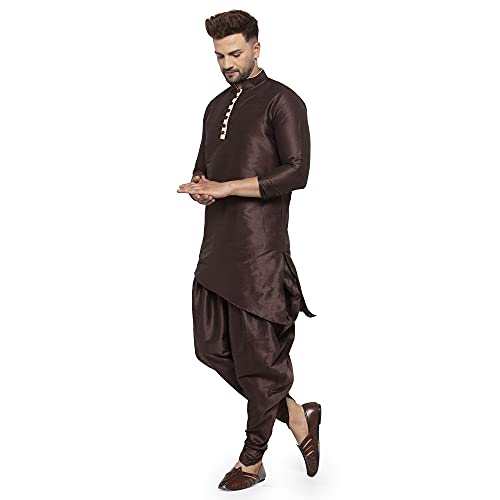 Image of Men's Silk Balloon Salwar Dhoti Pant Set (Brown Slant Slit K But Brown Sal Dh36 Brown 36)