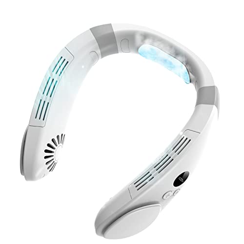 PluvoFan 6000mAh Neck Fan with Cooling Plate Cold Compress Bladeless Portable Quiet Air Conditioner Rechargeable Holiday Essentials for Women Men Travel Camping Outdoor (White)