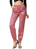 Allegra K High Waisted Pants for Women's Drawstring Ankle Length Straight Leg Satin Joggers Small Dusty Pink