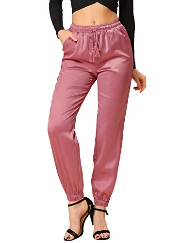 Allegra K High Waisted Pants for Women's Drawstring Ankle Length Straight Leg Satin Joggers Small Dusty Pink