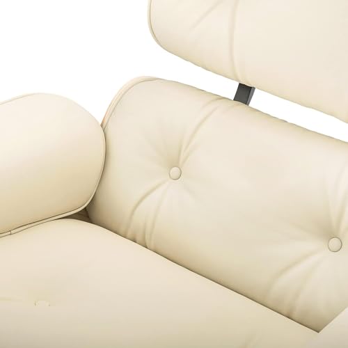 Image of Top Cream White Grain Leather, Mid Century Chaise Lounge Chair and Ottoman, Modern Chair Classic Design, Palisander Wood, Heavy Duty Base Support for Living Room Office