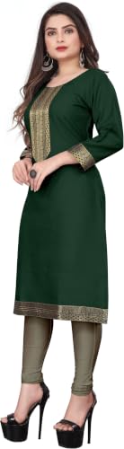Image of Women Straight Woven Design Cotton Blend Round Neck 3 /4 Sleeve Kurti Only