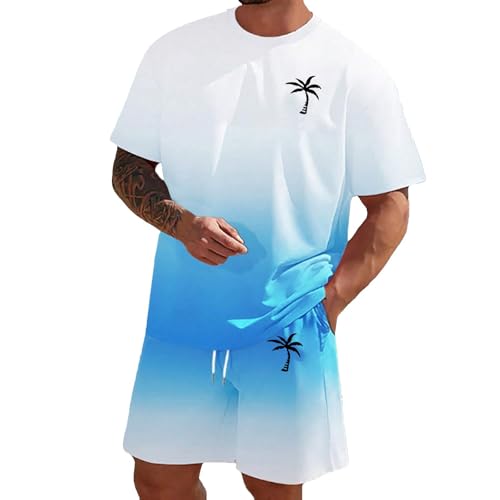 Image of Gradient Print Short Sleeve T Shirt And Shorts Comfortable Casual Two Piece Outfit (3-White, M)