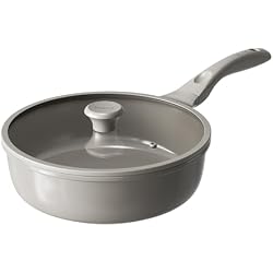 Redchef Deep Ceramic Frying Pan with Lid, Nonstick Saute Pan Cookware All Cooktop Compatibility, Stay-Cool Handles, PFOA Free, Healthy Coating, Tempered Glass Cover, Even Heat, Grey (3.7Qt, 10