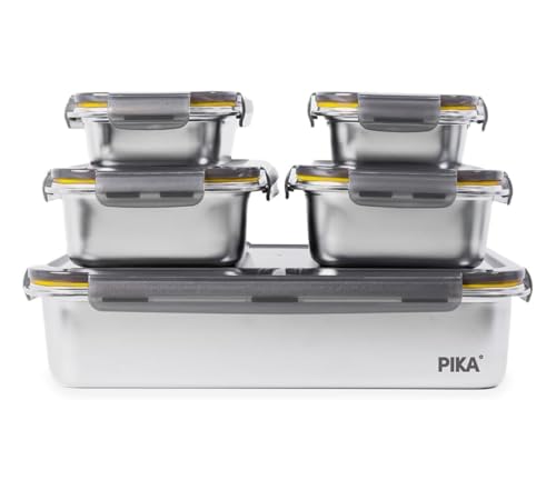 Pika | Lot de 5 boites alimentaires en inox |1x 5000ml + 2x 1300ml + 2x 650ml | Spécial Batch...
