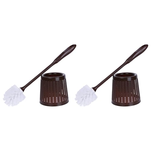 Image of Toilet Brush Wall Mount, Long Handle, Flexible Brush Head, Brush Holder Set, Bathroom Accessories Ventilation Slots Base, Household Essentials 2 Pack Brown