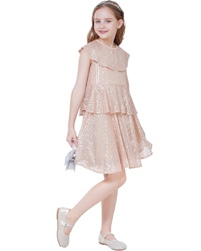 WULFUL Girls Sequin Dress Sparkly Party A-line Flutter Neckline Dual-Layer Holiday Prom Formal Dresses 5-12Y4